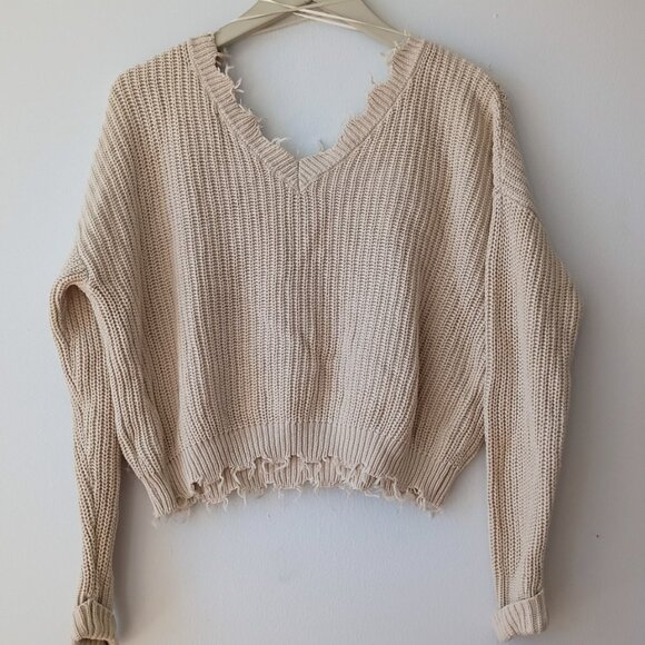 Jessica Simpson Distressed Cropped Knit Sweater | Cream/Tan | Size XS - Picture 2 of 8